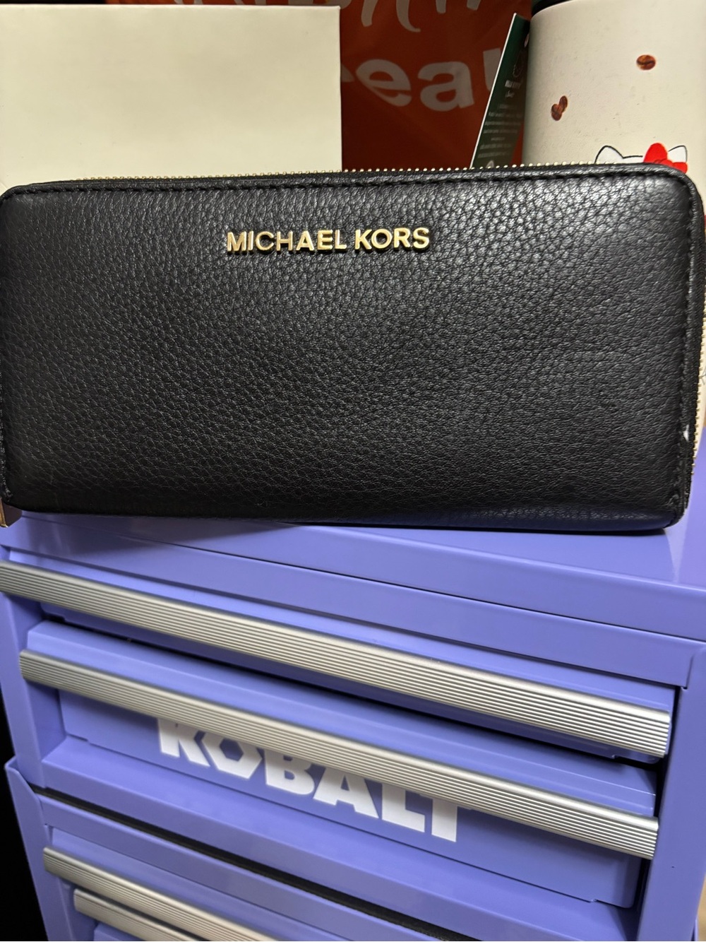 Michael Kors Black Pebbled Leather Zip Wallet with Gold Logo